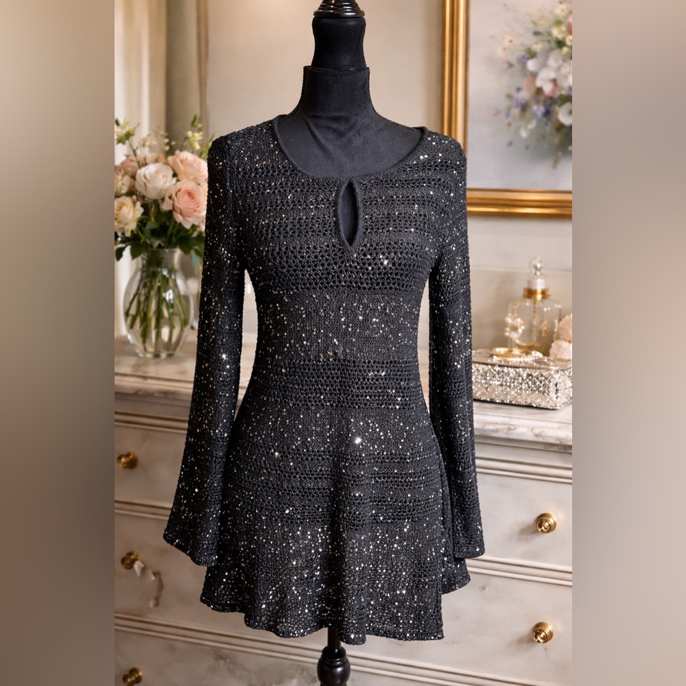 INC International Concepts Black Sequin Long Sleeve Dress